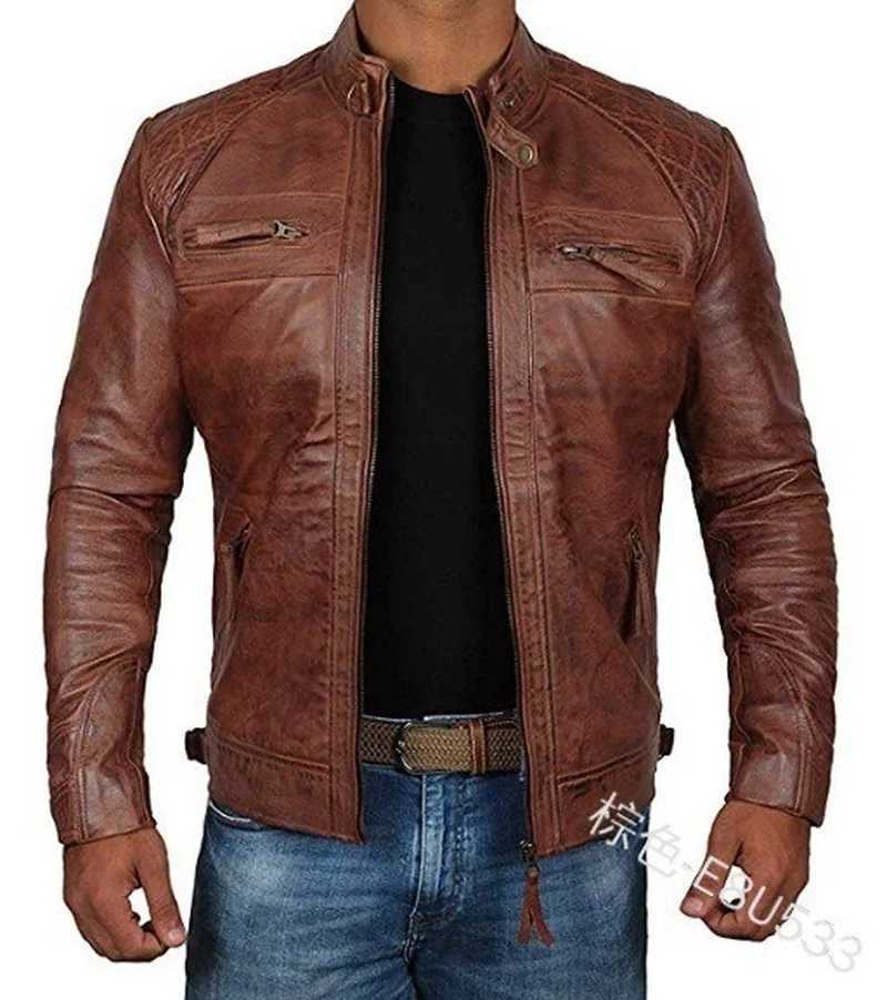 2022 Men Leather Jacket Teenagers Stand Collar Punk Men Motorcycle Leather Jacket Brown Leather Jacket Chaqueta De Los HombresT250311