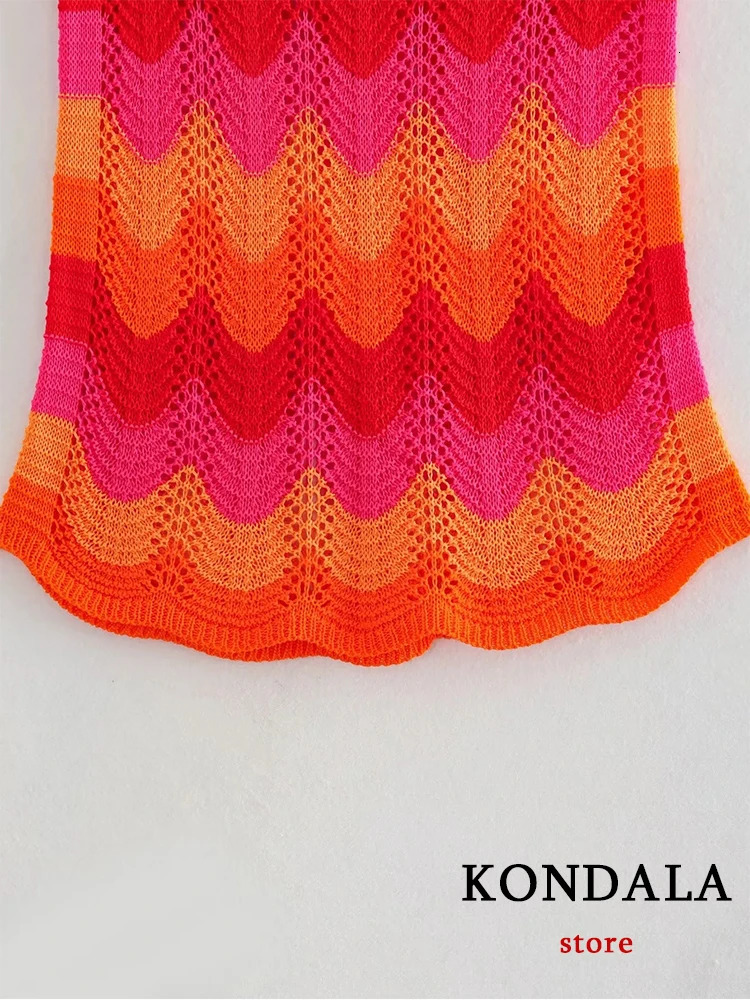 Trafza Chic Hollow Knitted Wave Cut Striped Womens Set Button Short Sleeve Top Mini Skiing Summer Street Dress Sweetheart 250312