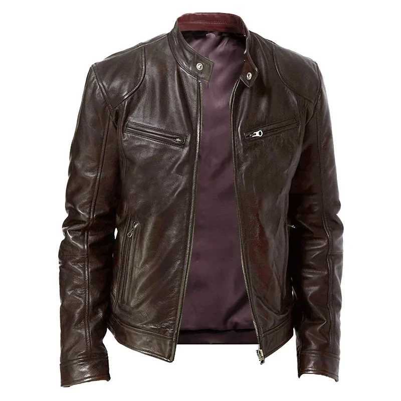 Fall and Winter Mens Leather Jacket Mens Stand-up Collar Jacket Zipper Biker Leather Jacket Casual Slim Leather JacketT250311