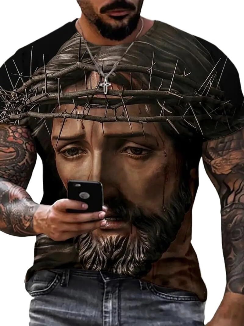 Mens T shirt Jesus Head 3D Printing Short Sleeve Cool T-Shirt Harajuku Street Wear Top 2 Pieces tee Casual tops summer clothes cool