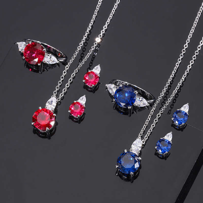 Zhuangsheng S925 silver jewelry simulation red and blue circular niche daily set 9mm-6mm W250312