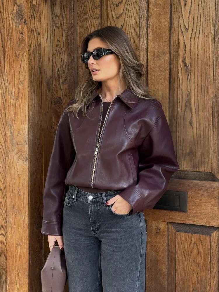 Retro Solid Lapel Zipper Leather Jacket Fashion Bury Full Sleeves Pocket Short Coat 2025 New Woman High Street Outerwear