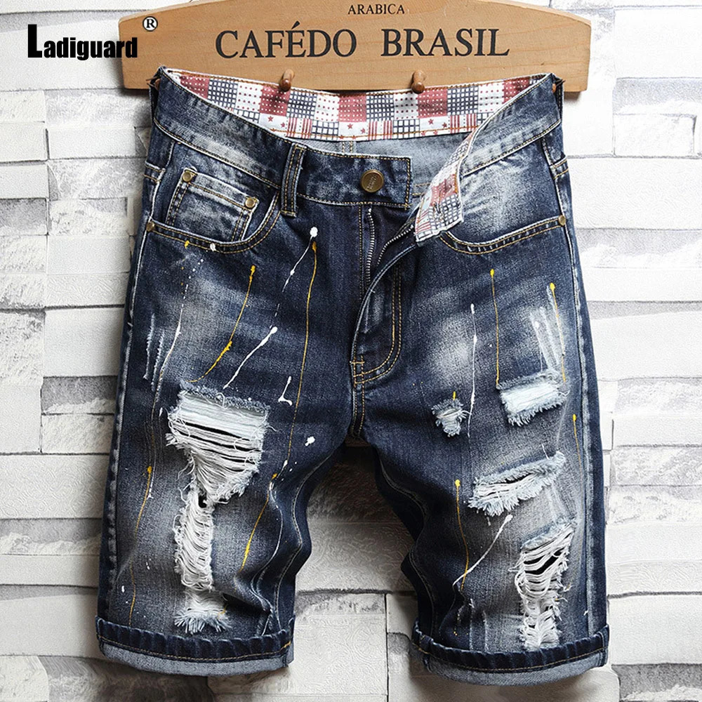 Ladiguard Men Vintage Street Demin Shorts Spring Autumn Fashion Ripped Plus Size Mens Stand Pocket Short Jeans 250312