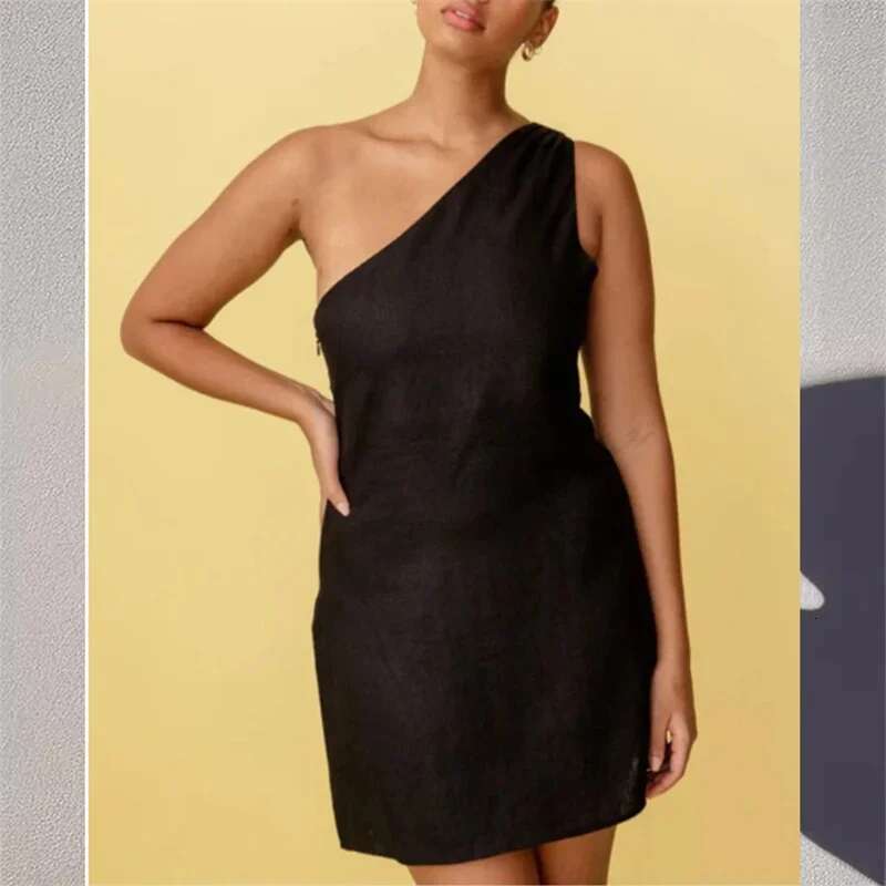 Fashion Slant Neck Women Dresses Summer Solid Color Commuter Dress Simple Style Cotton En Gown Casual Female Sleeveless Frock