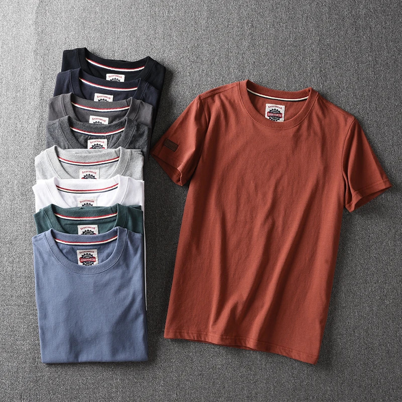 Summer American retro short sleeved Oneck solid color Tshirt for men fashionable and simple 100% pure cotton washing casual sports top 250312