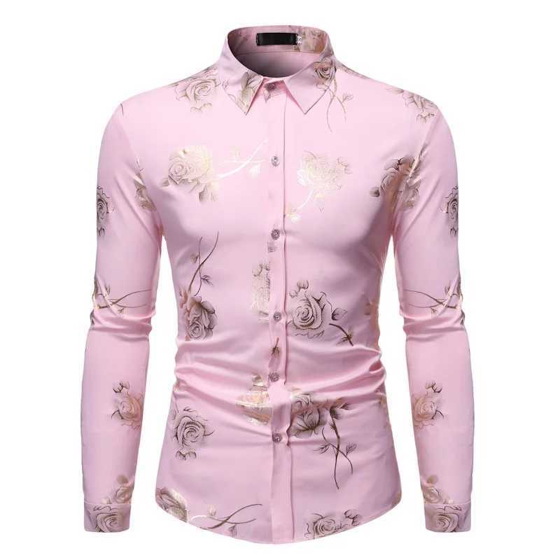 Mens Golden Rose Flower Printed Shirt Brand Flower Steampunk Chemical White Long Sleeve Wedding Party Solid Color Camisa Masculina New W250312