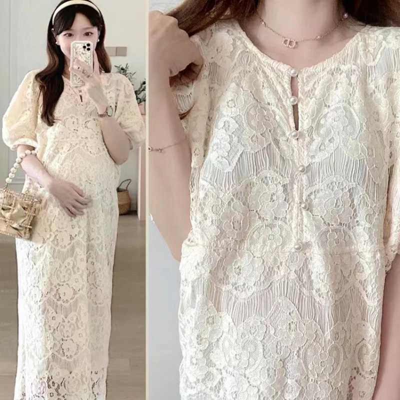 2024 Summer Maternity Lace Dress Sweet Button Fly Good Quality Pregnant Woman Wedding Dress Elegant Pregnancy Party Dress CuteT250311