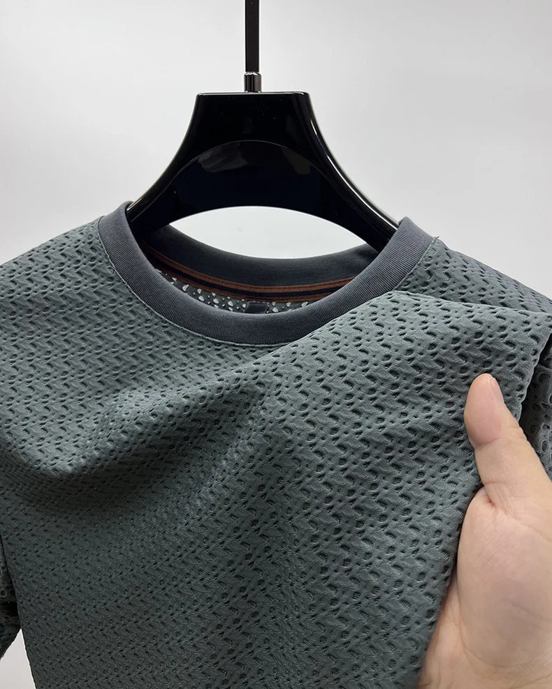 y summer hollow ice silk short sleeve Tshirt mens solid color round neck top silky breathable fashion wear 250312