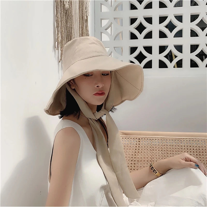 Japan and South Korea Big Brim Hat Womens Spring Summer Foldable Travel Sun Hat Cotton Linen Round Bandage Bow Fisherman Hat 250310