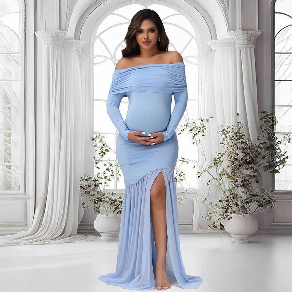 Maternity Dresses Photoshoot Off-Shoulder Slits Fishtail Hem Baby Shower Clothes For Pregnant Woman Evening Party Elegant GownT250311