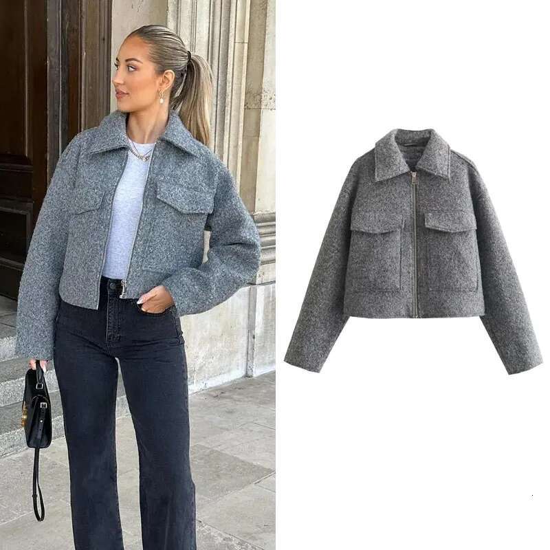 Trautumn Winter Cropped For Women Short Coat Tweed Zip Crop Demi-Season Jacket Woman New In Outerwears