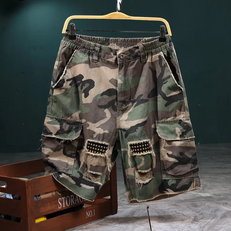 Workwear Camouflage Shorts Mens Summer Hole Patch Street Loose Casual Cool Trendy Capris Mens Clothing 250310