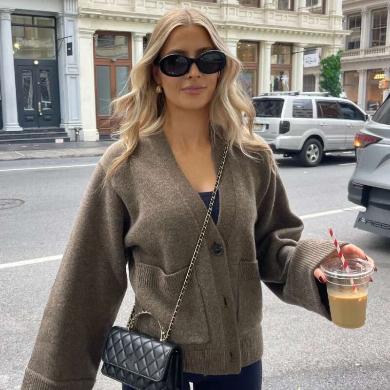 Retro Elegant Knitted Cardigan For Women V Neck Long Sleeve Casual Pocket Sweater Coat 2024 Autumn Lady Knit Outerwear
