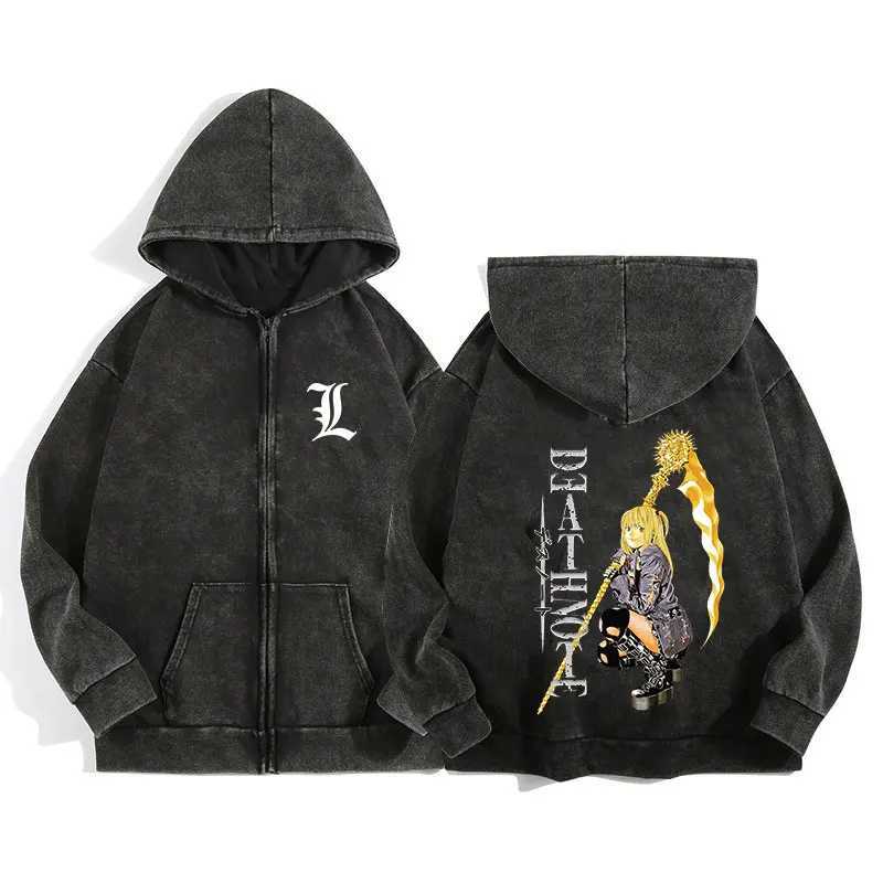 Harajuku Retro Washed Zip Up Hoodie Anime Death Note Print Jacket Gothic Graphic Cotton Men Women Zipper Hooded SweatshirtT250312