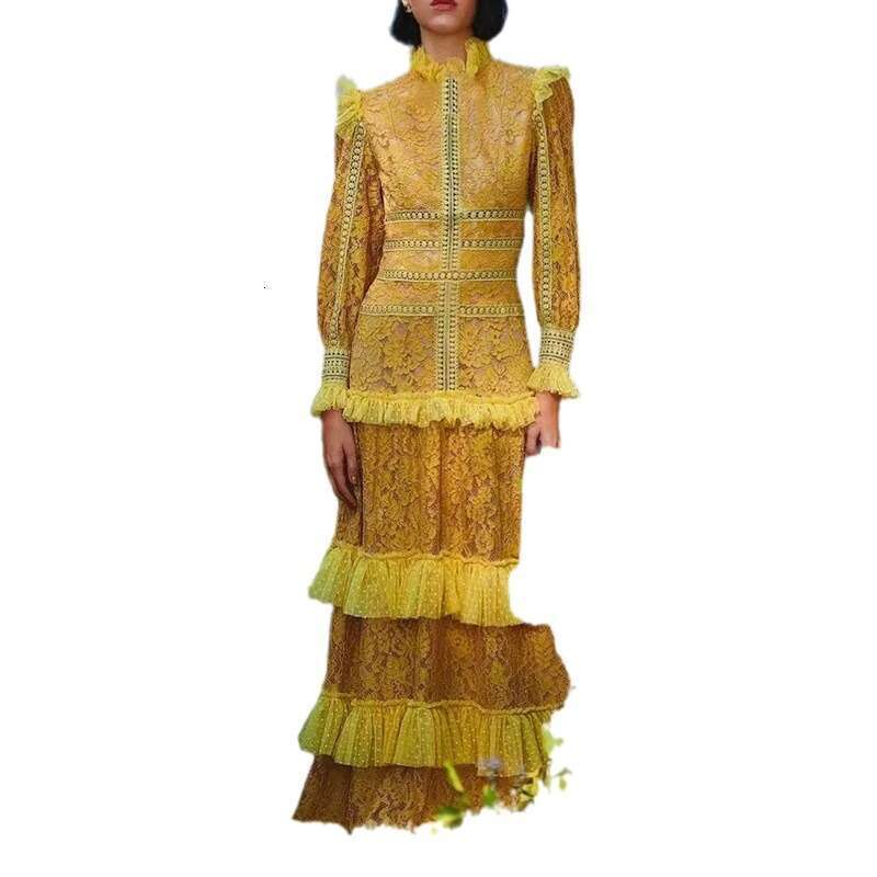 Fashion French Style 2025 Spring New Round Neck Sleeve Lace And Mushroom Edge Splicing Long Dress For Women