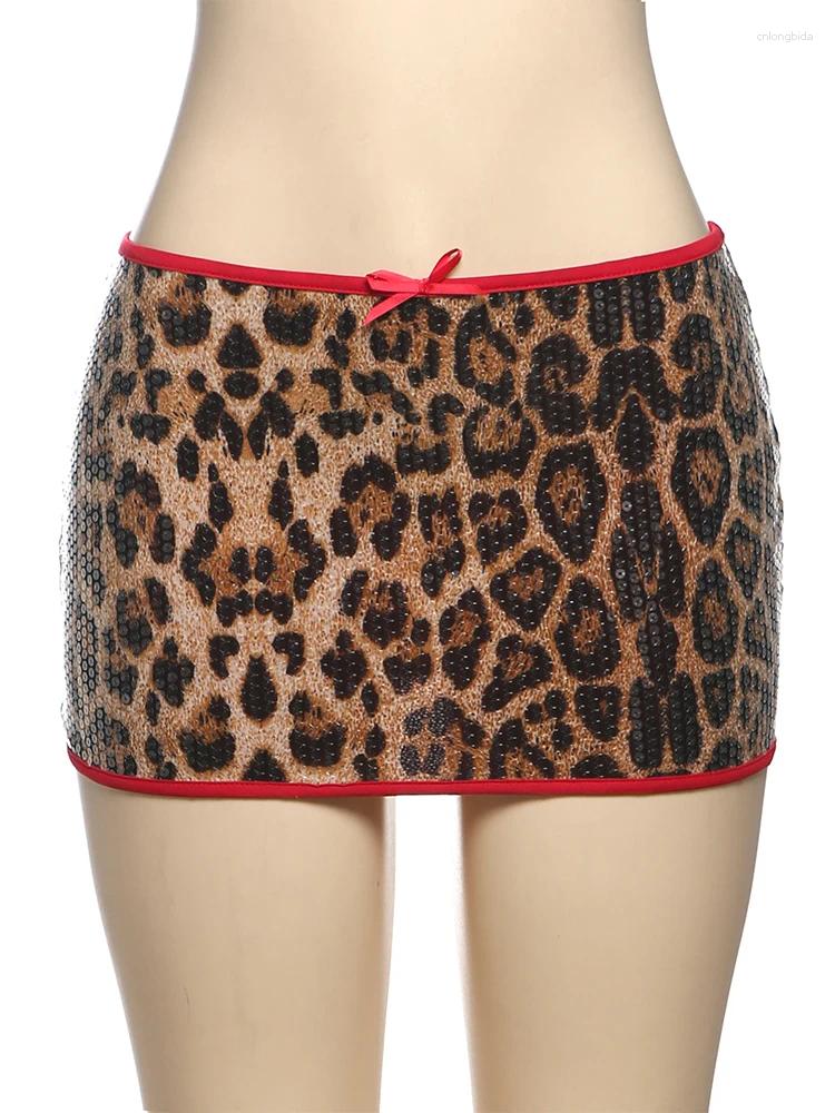 Skirts Weird Puss Sequin Leopard Print Women Y2K Hipster Vintage Sexy Wild Midnigh Coquette Club Party Peach Hip Mini Bottoms