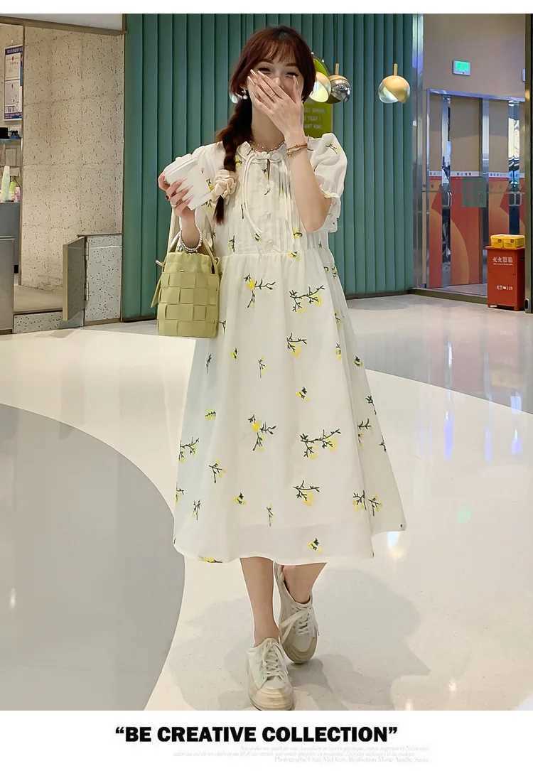 2024 Pregnant Womens Summer Clothing Ruffled Collar Chinese Style Fashion Maternity Floral Dress Sweet Pregnancy Midi DressesT250311