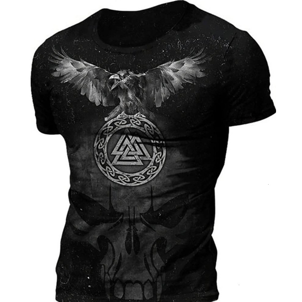 Mens T shirt Vikings 3D Digital Print Triangle Knot Raven Pattern T-Shirt, Men's Summer Tattoo Casual Short Sleeve tee Casual tops summer clothes