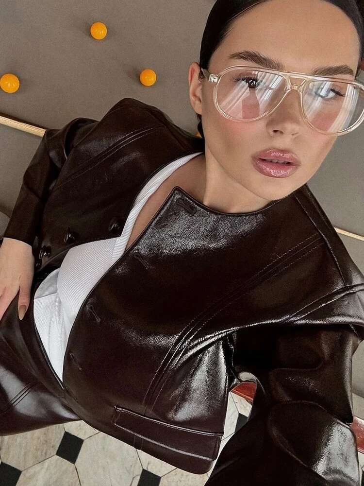 Fashion PU Leather Jackets For Women Single Breasted Motorcycle Round Collar Chic Coats Female Y2k Long Sleeve Street Lady Tops