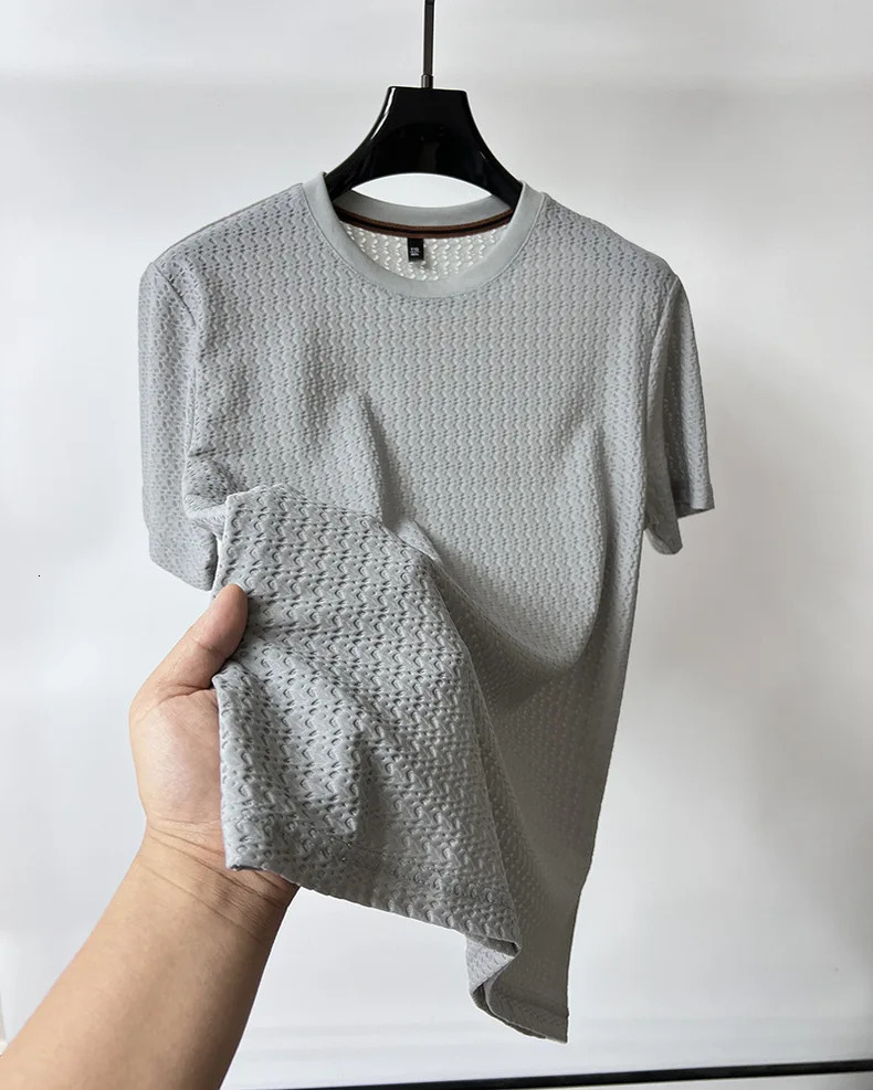 y summer hollow ice silk short sleeve Tshirt mens solid color round neck top silky breathable fashion wear 250312