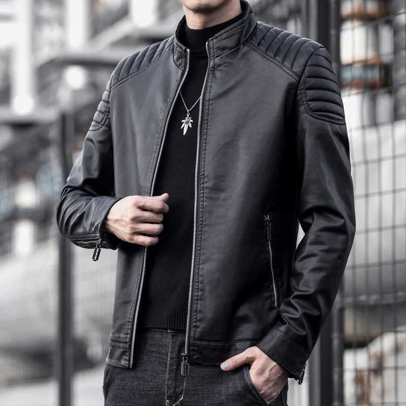 2024 Moto Pu Leather Jacket Men Winter Leahter Jacket Male Stand Collar Casual Windbreaker Trendy Mens Clothing Black BlueT250311