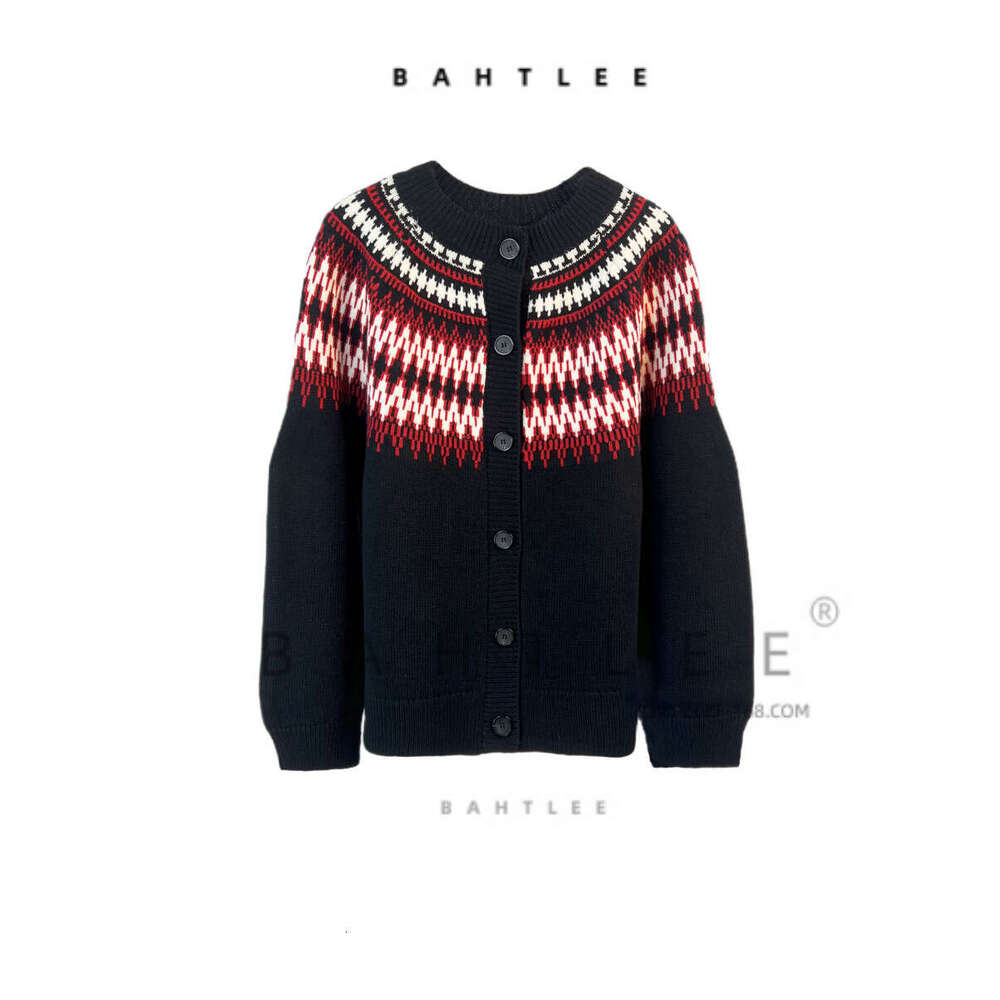Autumn Winter Christmas British Style Basulan Wool Fel Island Contrasting Color Front And Back Two-Piece Cardigan Knitted Round Neck Sweater