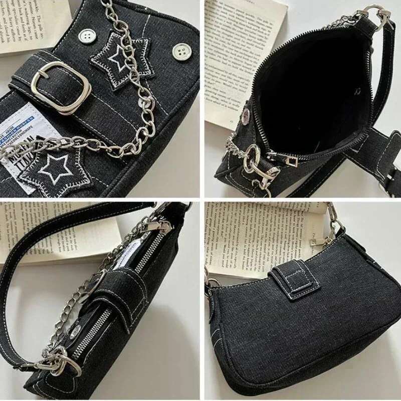 Y2k Women s Handbag With Star Pattern Underarm Bag Fashion Designer Canvas Women s Small Shoulder Bag Chain Casual Crossbody Bag Mini Wallet Storage B