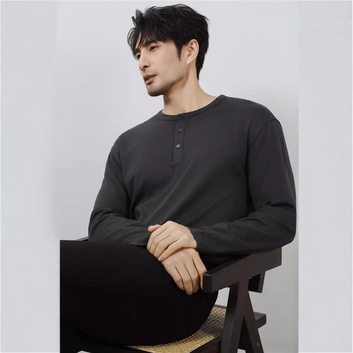 collar long sleeved base shirt men's T-shirt round neck autumn interior casual trendy top solid color new style tracksuit polo