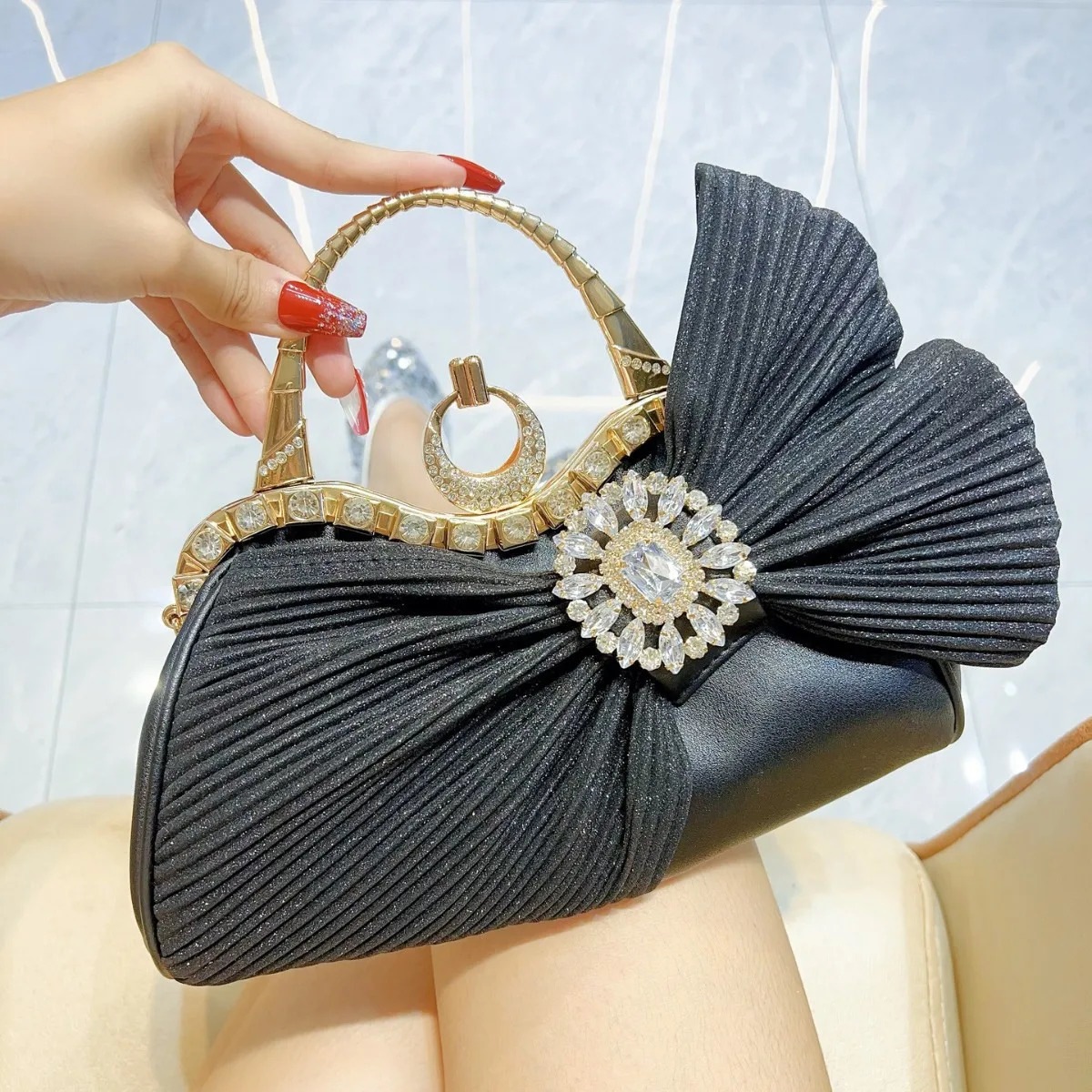 French Shiny Handmade Diamond-encrusted Banquet Bag Bow Wedding Party Dress Handbag Bag Women 250311