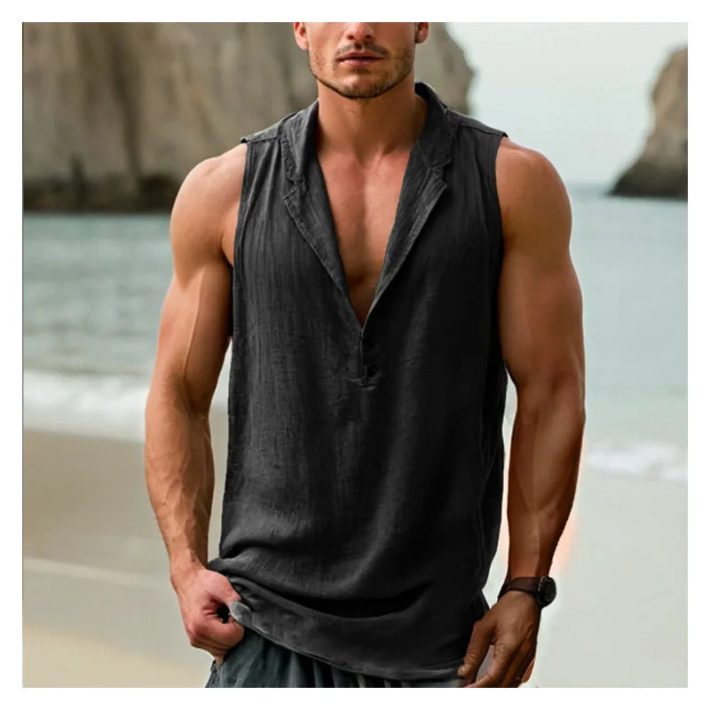 Summer cotton and linen mens sleeveless T-shirt retro casual mens sleeveless sportswear sleeveless T-shirt mens vest 250311