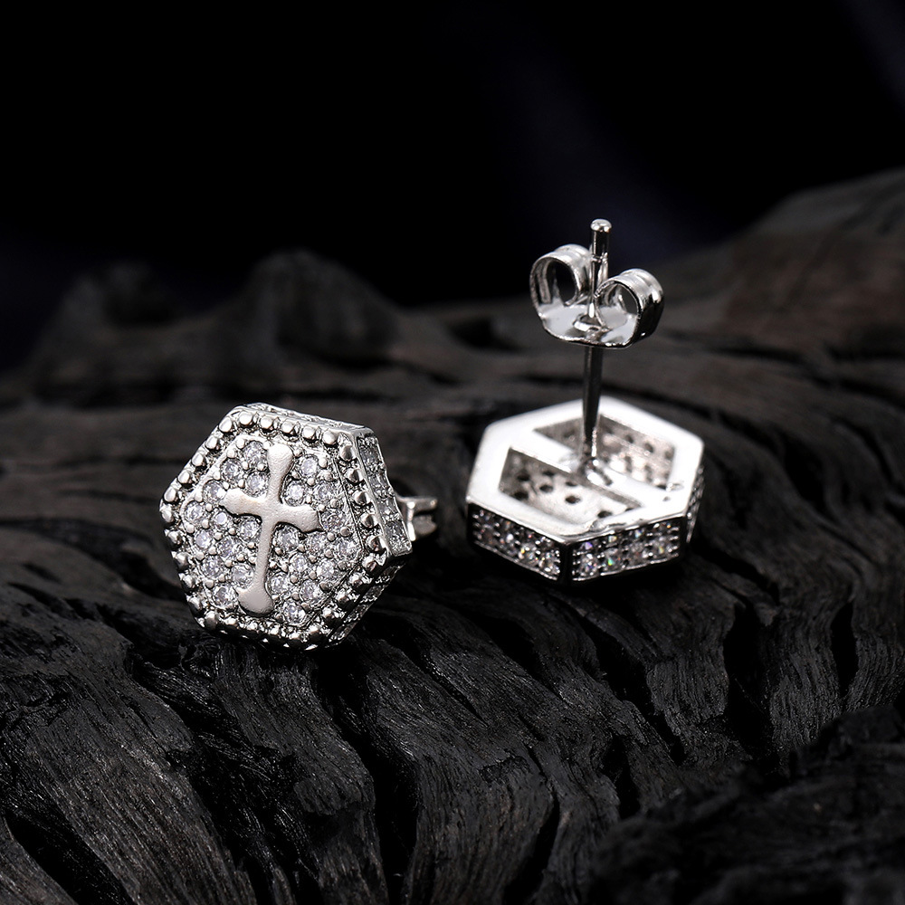 Hip Hop Hexagon Cross Stud Earrings Cylinder Shape Shining Zircon Dangle Earrings Gold Plated Vintage Geometric Jewelry