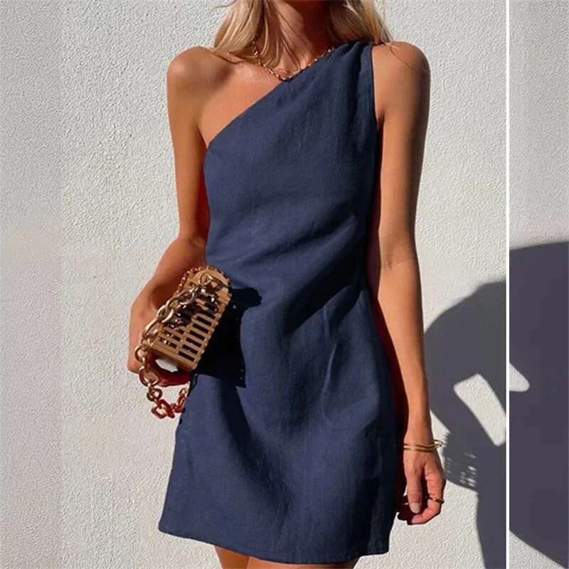 Fashion Slant Neck Women Dresses Summer Solid Color Commuter Dress Simple Style Cotton En Gown Casual Female Sleeveless Frock