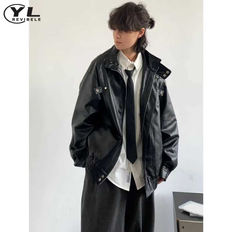 Street Stand Collar Pilot Jacket Men Vintage Pu Leather Motorcycle Jackets Loose Windbreak Coats Woman Oversized Bomber OutwearT250311