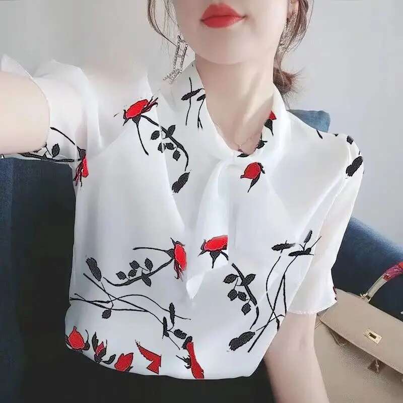 Elegant Fashion Haruku Slim Fit Female Clothes Loose Casual All Match Tops Printed Thin Style Short Sleeve Women Blouse