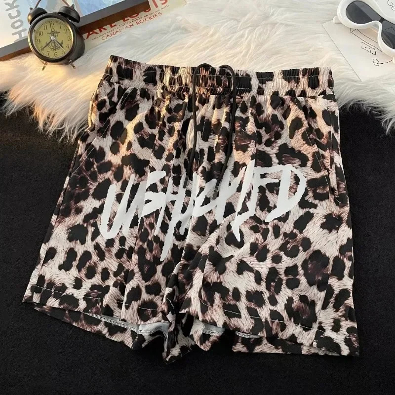 Mens Fashion Sports Tethered Pants Mens Summer Elastic-waisted Casual Shorts Summer Leopard Print Beach Shorts 250310