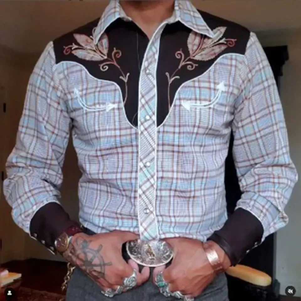 Fashionable printed mens long sleeved shirt Western style decorative slim fit shirt casual party formal shirt top W250312