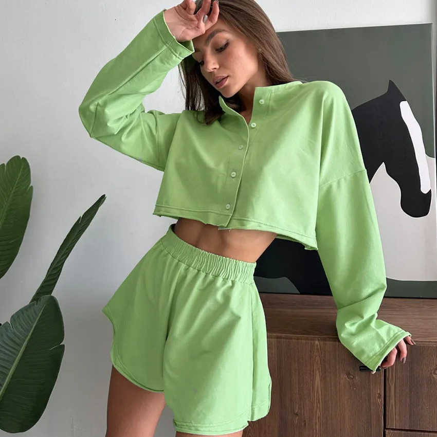Casual Solid Color Home Two Piece Set Women Fashion Round Neck Single Breasted Long Sleeved Short Top Elastic Waist Shorts 250311
