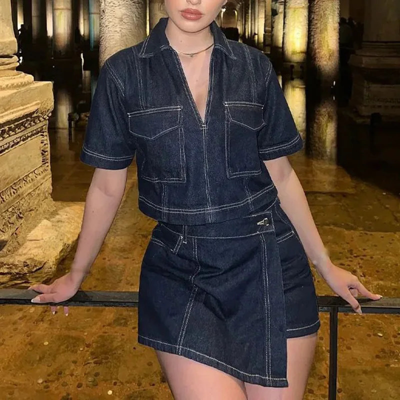 TRAF Asymmetric Mini Skirt and Top Womens High Waist Denim Two Piece Set Street Clothing Short Sleeve Cutting Shirt 250312