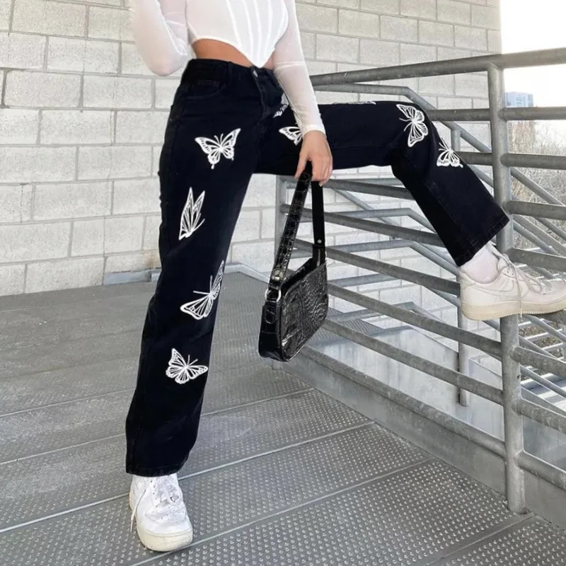 Black Baggy Jeans Women Print Aesthetic Denim Pants Fashion High Waist Straight Long Trousers Ladies Streetwear 250311