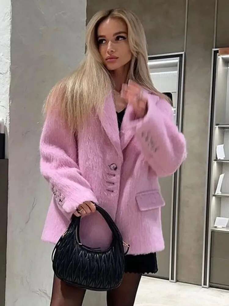Pink Lapel Woolen Plush Coats Women Elegant Long Sleeve Button Office Lady Blazer Jacket 2024 Winter Fashion Packet Loose Coat