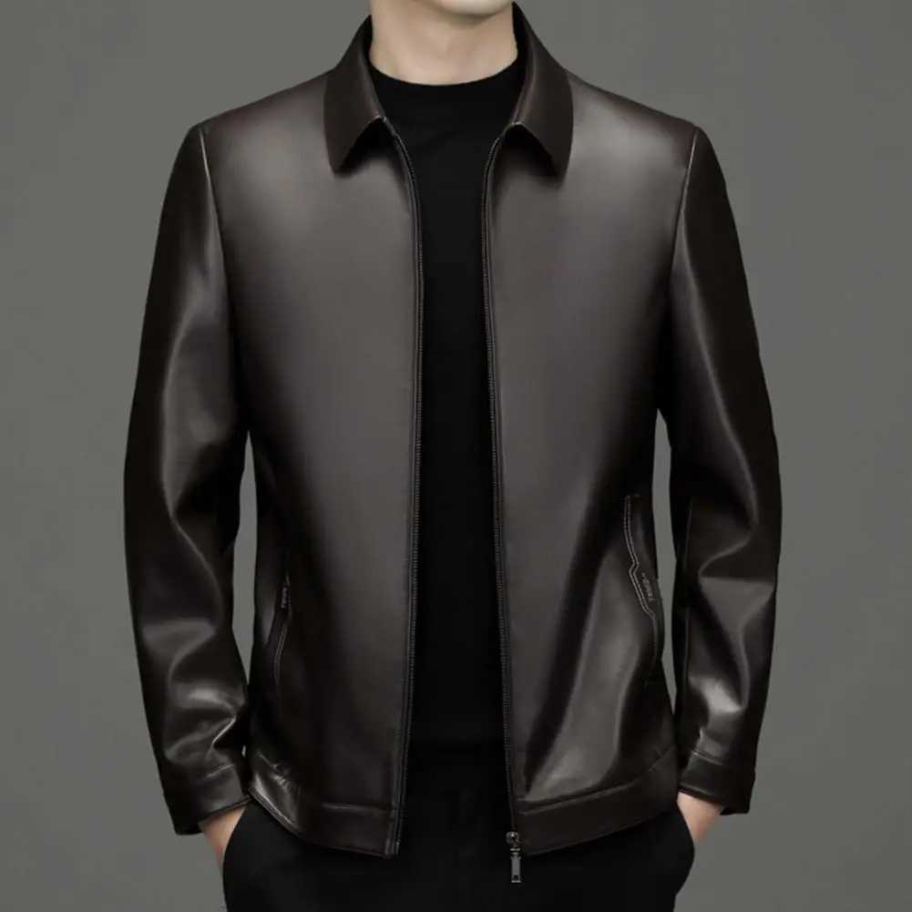 Men Jacket Lapel Long Sleeve Zipper Placket Regular Fit Coat Solid Color Short Style Faux Leather Jacket Casual Street OutwearT250311