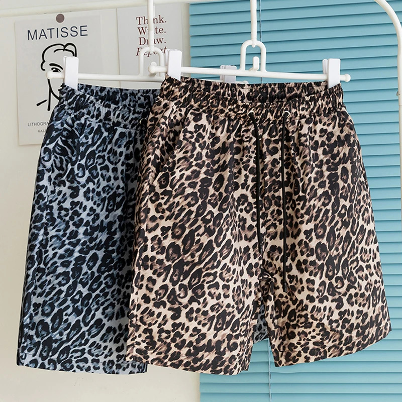 Summer Beach Shorts Men Elastic Waist Leopard Print Casual Shorts Summer Loose Korean Fashion Short Pants 250310