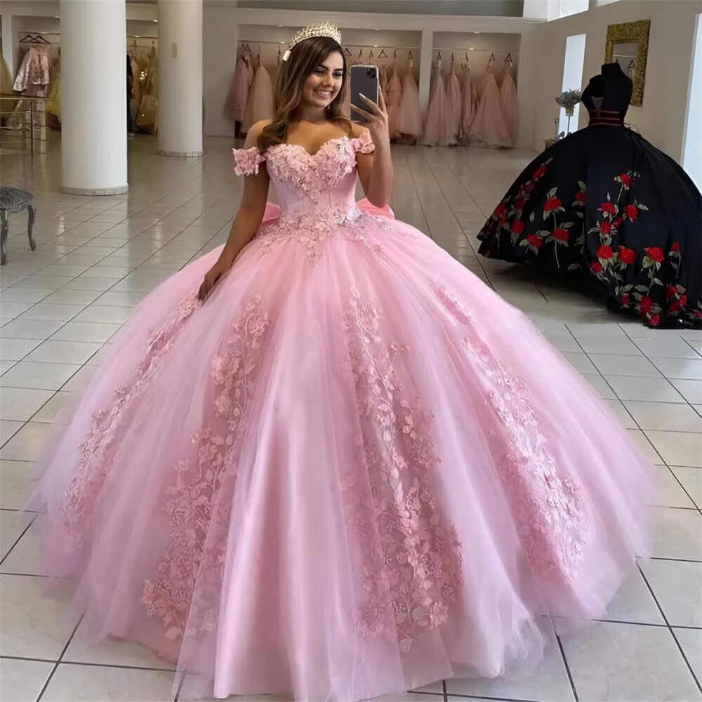 Ball Gown Quinceanera Dresses Appliques Crystal Beading Big Bow Off the Shoulder Lace-up Plus Size Sweet 15 16 Princess Birthday Party Gowns Vestidos 