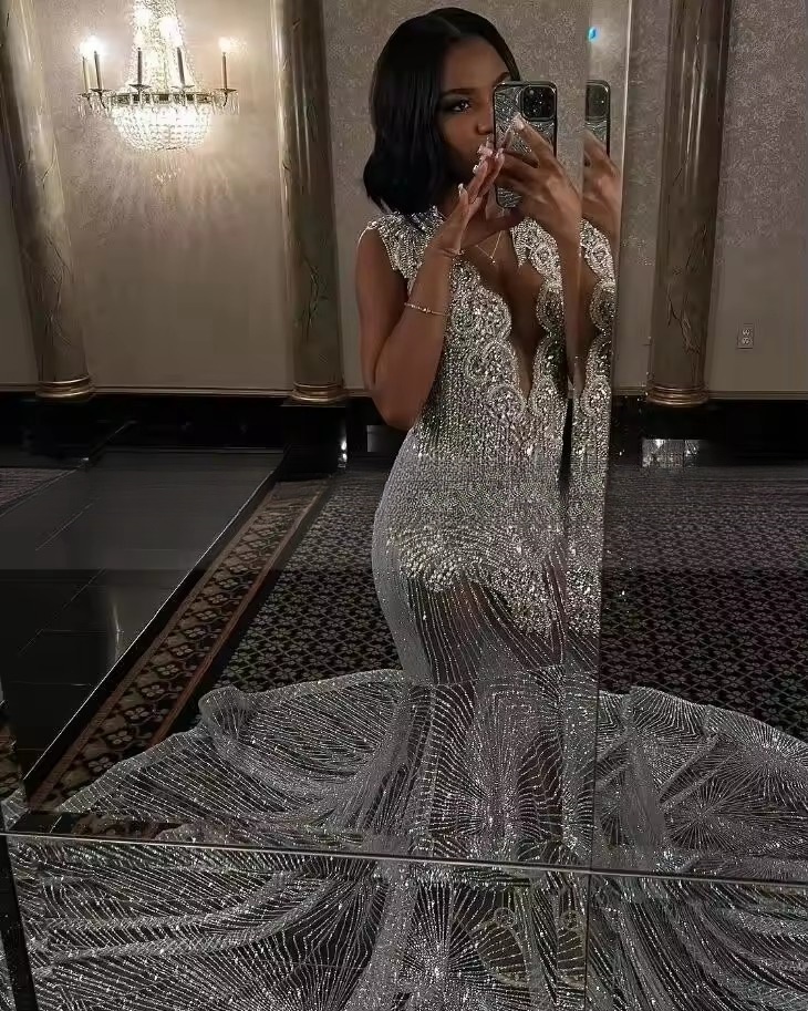 Sier Dia Sparkly Prom Reception Dresses Crystal See Through Evening Birthday Gown robe de soiree femmes 2025 Custom