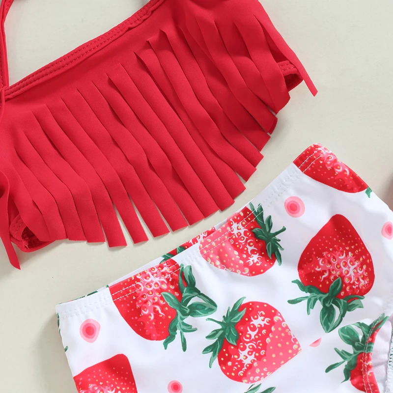 0-3Y Summer Baby Swimwear Girls 3 Piece Halter Bikini Set Strawberry Print Tassel Bathing Suits Toddler Swimsuits Kids Beachwear 250311
