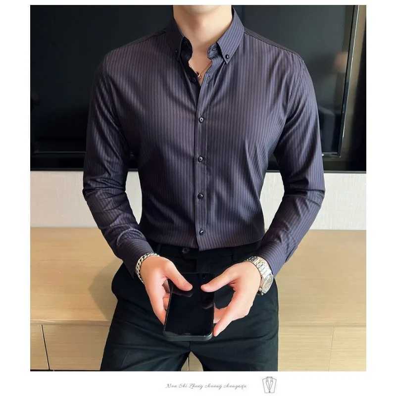 England Style Striped Button Long Sleeve O-Neck Cardigan Shirt Formal Casual Mens Clothing Spring Autumn Contrast Color Tops W250312