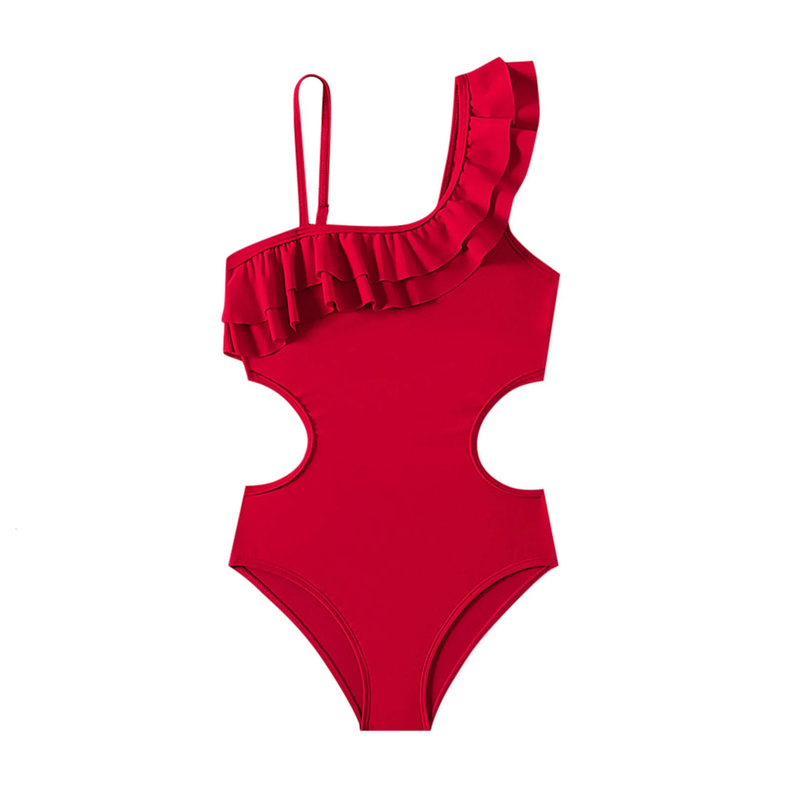 Bikini Girls Padded Kids Girls Swimsuits One Shoulder Ruffle Swimwear Solid Bathing Suit Bathing Suit Girls 11 12 250311