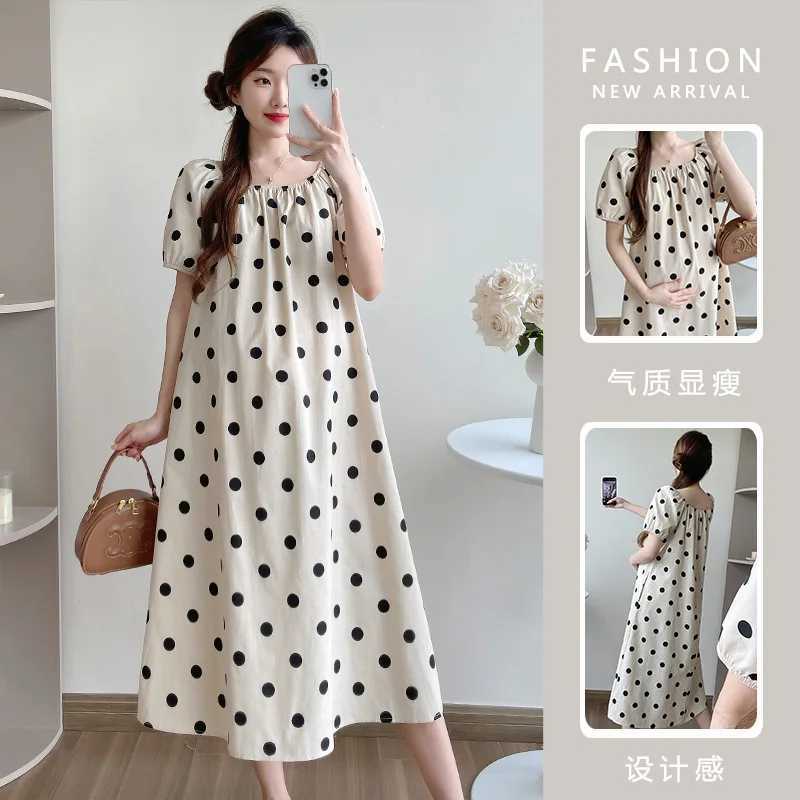 Pregnant Women Summer New Wave Dot Cotton Linen Square Collar dress White Pocket Midi DressT250311