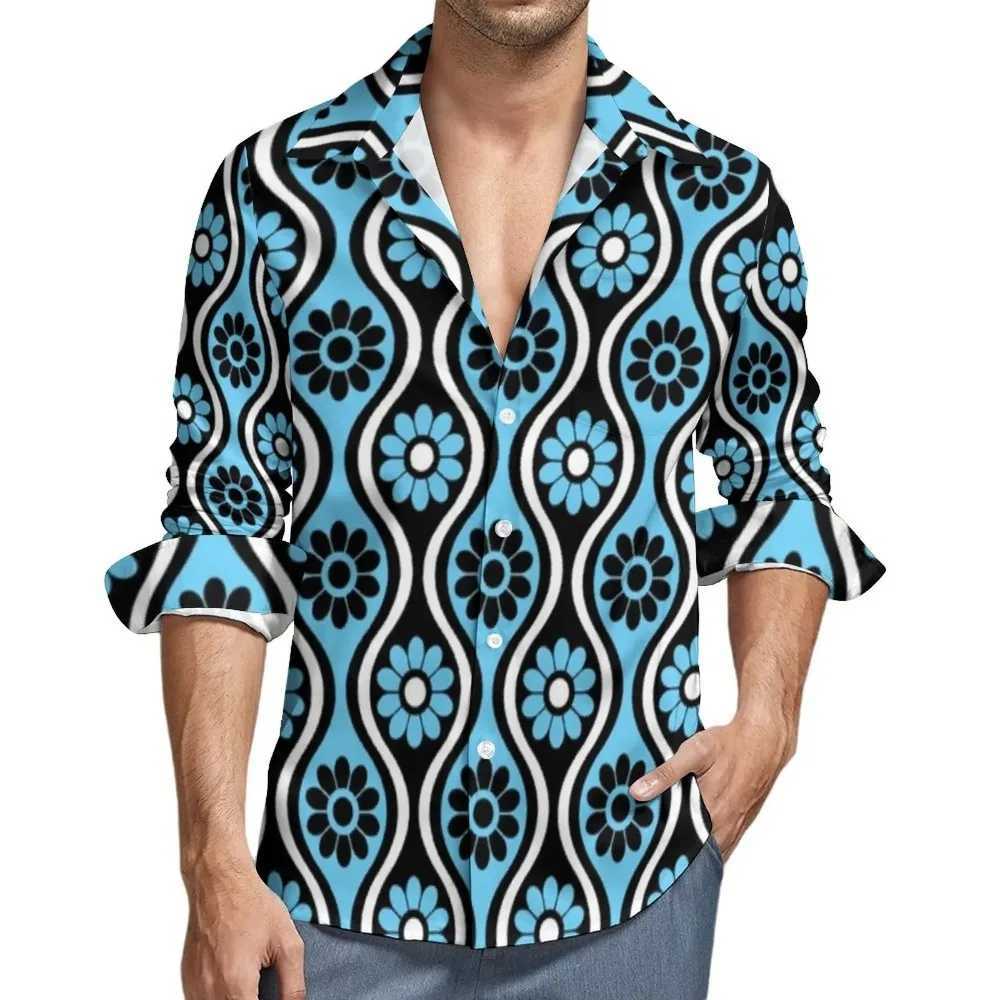 Retro 70S Style Casual Shirts Mens Vintage Blue Pattern Shirt Long Sleeve Vintage Stylish Blouses Spring Custom Top Plus Size W250312