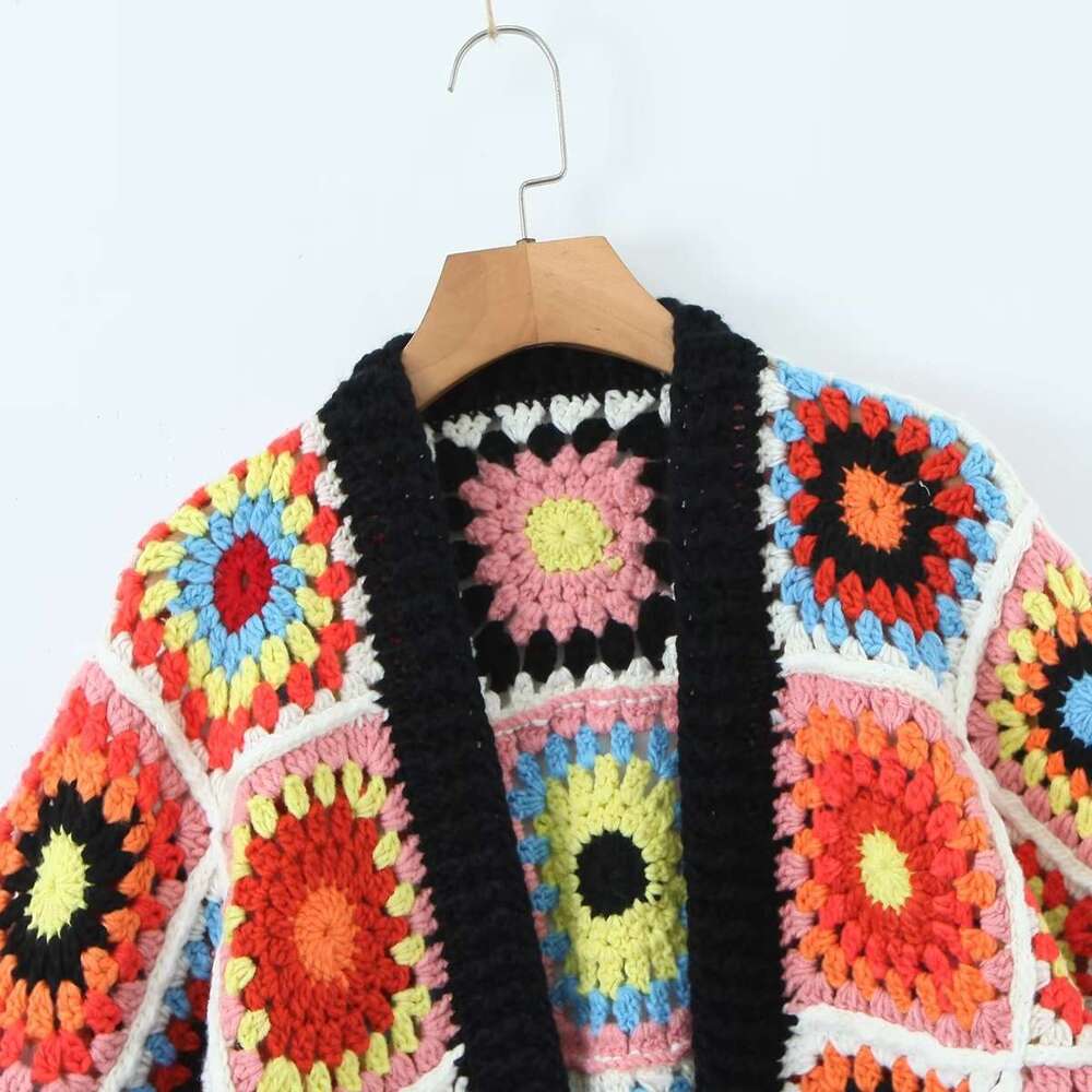 22 Autumn And Winter New Style Fashionable Temperament Women's Clothing All Handmade Grandmother Square Loose Cardigan Knitted Sweater